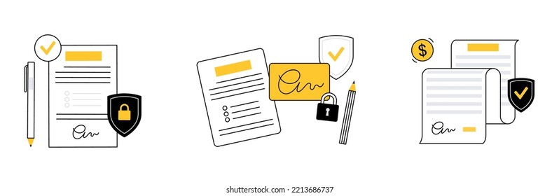 Set with document paper pages, realistic contract mockup. Agreement with signature. Tax summary, financial report or invoice. Realistic file with shadow effect. Paperwork concept vector illustration