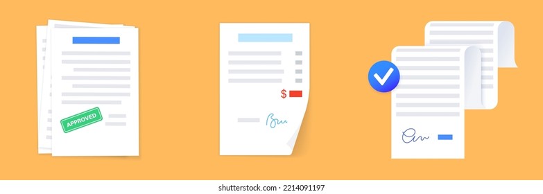 Set with document paper pages, realistic contract mockup. Agreement with signature. Tax summary, financial report or invoice. Realistic file with shadow effect. Paperwork concept vector illustration