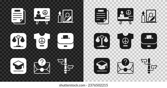 Set Document, Peace, Mourning photo frame, Graduation cap, Envelope with question mark, Security camera, Scales of justice and  icon. Vector