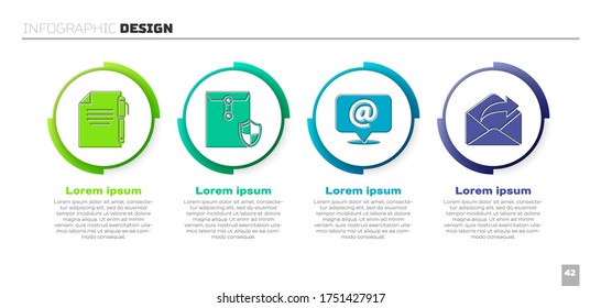 Set Document and pen, Envelope with shield, Mail and e-mail on speech bubble and Outgoing mail. Business infographic template. Vector