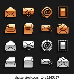 Set Document and pen, Postal stamp, Envelope, with shield, Drawer document, Mail e-mail,  and Received message concept icon. Vector