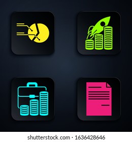 Set Document, Pie chart infographic, Briefcase and coin and Rocket flying up on coins growth chart. Black square button. Vector