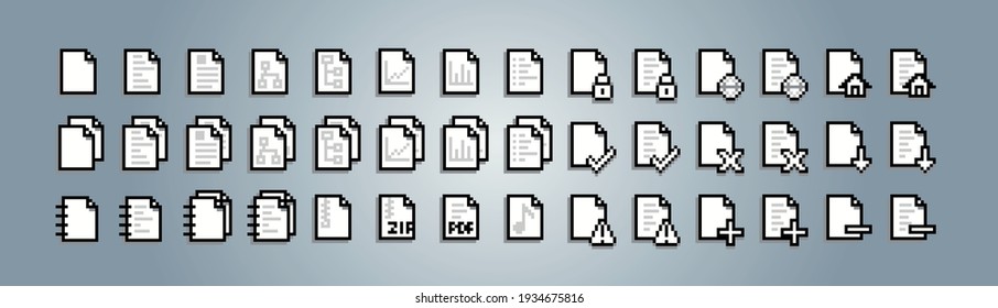 Set of document pixel icons. Monochrome design.