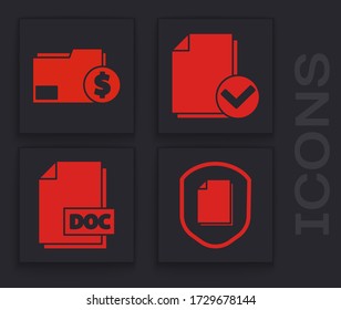 Legen Sie das Konzept des Dokumentenschutzes, den Ordner des Dokuments finanzieren, das Dokument- und das Kontrollkästchen sowie das DOC-Dateidokumentsymbol fest. Vector