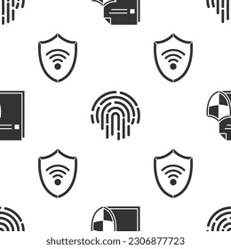 Establezca el concepto de protección de documentos , Huellas digitales y Escudo con red inalámbrica WiFi en un patrón ininterrumpido. Vector