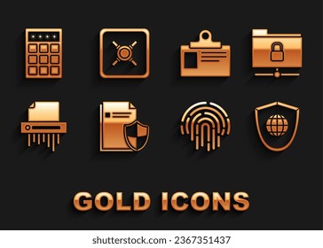 Set Document protection concept, FTP folder and lock, Shield with world globe, Fingerprint, Paper shredder confidential, Identification badge, Password safety access and Safe icon. Vector