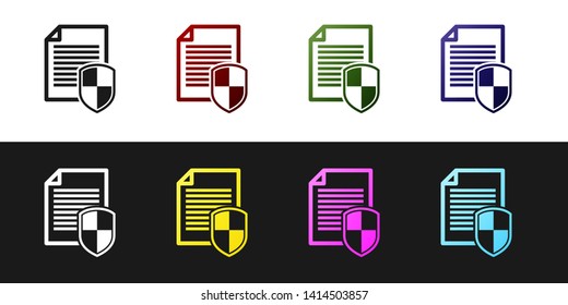 Set Document protection concept icon isolated on black and white background. Confidential information and privacy idea, secure data with paper doc roll and guard shield. Vector Illustration