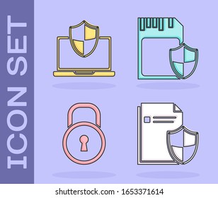 Establecer concepto de protección de documentos , Portátil protegido con escudo, Bloqueo y tarjeta SD e icono de escudo. Vector