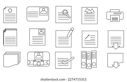conjunto de iconos relacionados con el documento en fondo blanco