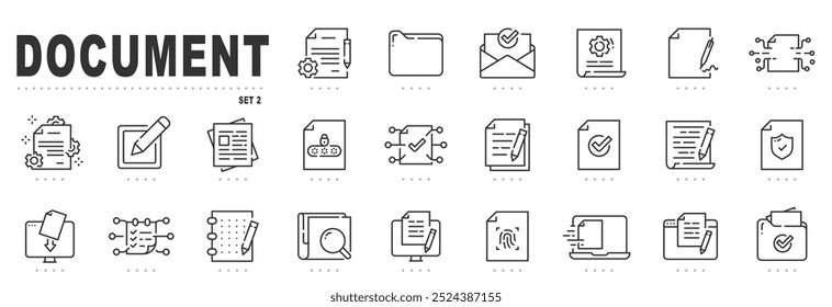 Set of document related line icons. Folder,  page, file, website etc. Editable stroke. Set 2