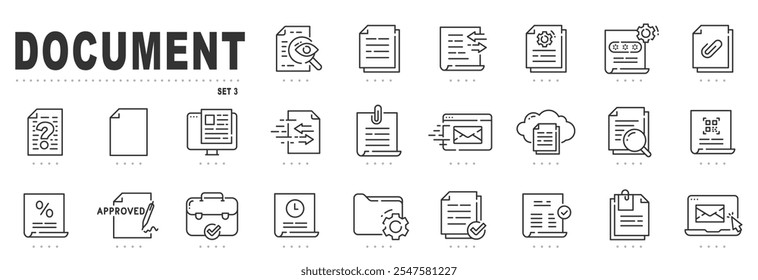 Set of document related line icons. Folder,  page, file, website etc. Editable stroke. Set 3