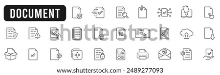 Set of document related line icons. File, page, form, report, search, list etc. Editable stroke