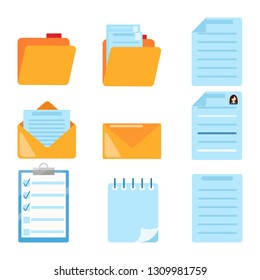 Set of Document Related symbol. Folder, Summary, Email, Spiral notebook, notes, To do list or planning, Management Icons. Flat style vector illustration isolated on white background