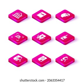 Set Document with search, Certificate template, Fingerprint, Oath on the Holy Bible, Magnifying glass footsteps, Walkie talkie, Head law and Law book icon. Vector