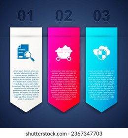 Set Document with search, Coal mine trolley and Cloud and shield. Business infographic template. Vector
