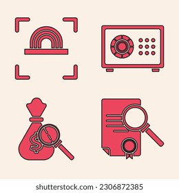 Set Document with search, Fingerprint, Safe and Money bag and magnifying glass icon. Vector