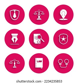Set Document with search, Law book, Handcuffs, Police badge, Scales of justice, Fountain pen nib, Map marker silhouette person and Tie icon. Vector