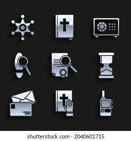 Set Document with search, Oath on the Holy Bible, Walkie talkie, Old hourglass, Envelope, Magnifying footsteps, Safe and Hexagram sheriff icon. Vector