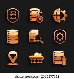 Set Document with search, Password protection, Server, Data, Web Hosting, Shield settings gear, Location sales funnel, Globe of the Earth and and shield icon. Vector