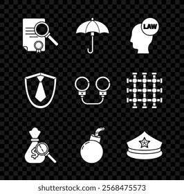 Set Document with search, Umbrella, Head law, Money bag and magnifying glass, Bomb ready to explode, Police cap cockade, Tie and Handcuffs icon. Vector