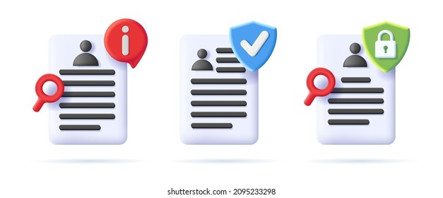 Set Of Document Security 3d Icon, User Profile Page With Shield And Padlock And Info Icon