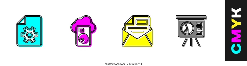Set Document settings, Cloud database, Mail and e-mail and Board with graph icon. Vector