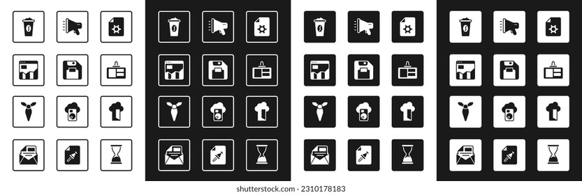 Set Document settings, Floppy disk, Graph chart infographic, Coffee cup to go, Identification badge, Megaphone, Cloud database and Tie icon. Vector