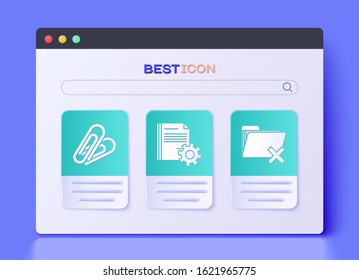 Set Document settings with gears, Paper clip and Delete folder icon. Vector