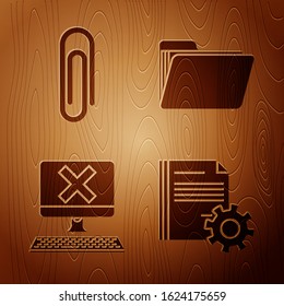 Set Document settings with gears, Paper clip, Computer with keyboard and x mark and Document folder on wooden background. Vector