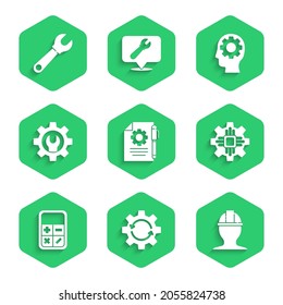 Set Document settings and pen, Gear arrows as workflow, Worker safety helmet, Processor, Calculator, Wrench spanner gear, Human head with inside and  icon. Vector