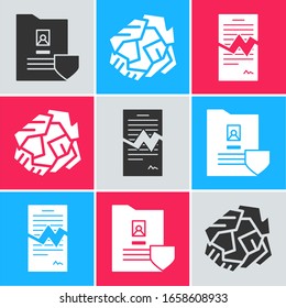 Set Document With Shield, Crumpled Paper Ball And Torn Contract Icon. Vector