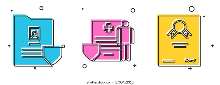 Establecer documento con escudo, portapapeles médico con registro clínico e icono de plantilla de certificado. Vector