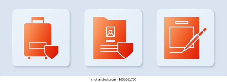 Set Document with shield, Traveling baggage insurance and Blank notebook and pen. White square button. Vector
