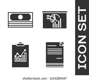 Set Document, Stacks paper money cash, Clipboard with graph chart and Board with graph chart icon. Vector