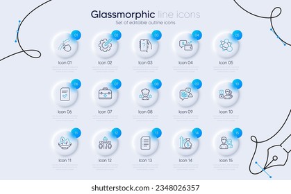 Conjunto de iconos de línea de documento, trabajo en equipo y presupuesto para la aplicación web. Ensalada, pregunta, iconos de estrés. Opinión, archivo marcado, carteras. Mejor chef, equipo de configuración, Sube. Equipo de Ingeniería. Vector