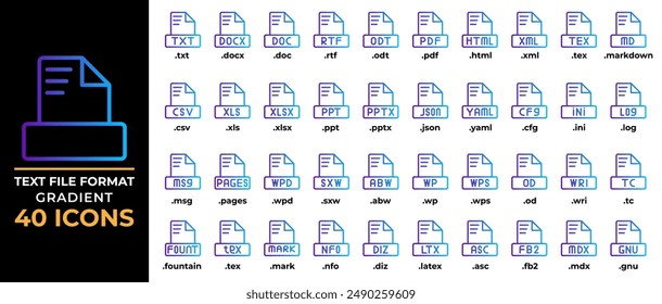 Set document text file gradient icon. txt, ppt, pdf, doc, csv, type file icon. vector illustration.