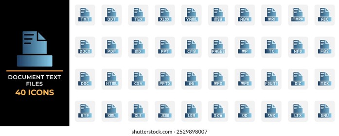 Set document text file gradient fill icons. File type, extension, format symbol logo. Vector collection.