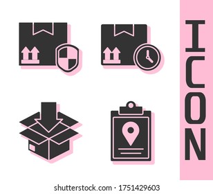 Set Document tracking marker system, Delivery pack security with shield, Cardboard box with traffic symbol and Cardboard box and fast time icon. Vector