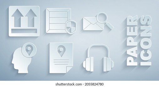Set Document tracking marker system, Envelope with magnifying glass, Delivery man cardboard boxes, Headphones, pack security shield and This side up icon. Vector