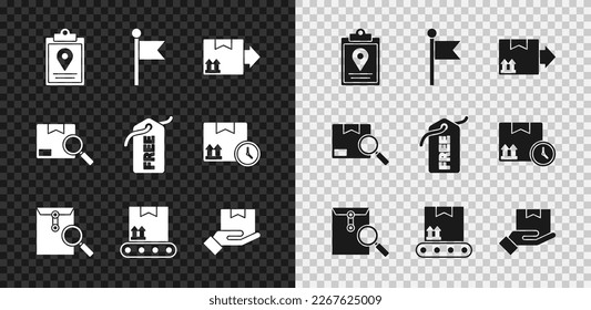 Set Document tracking marker system, Cardboard box with traffic symbol, Envelope magnifying glass, Conveyor belt cardboard, Delivery hand boxes, Search package and Price tag Free icon. Vector