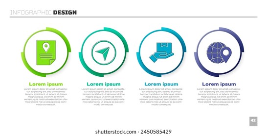 Sistema del marcador del seguimiento del documento, infografía de la navegación del mapa de la ciudad, mano de la entrega con las cajas y la Locación en el globo. Plantilla de infografía de negocios. Vector