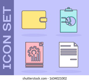 Set Document, Wallet, Document with graph chart and Clipboard with graph chart icon. Vector