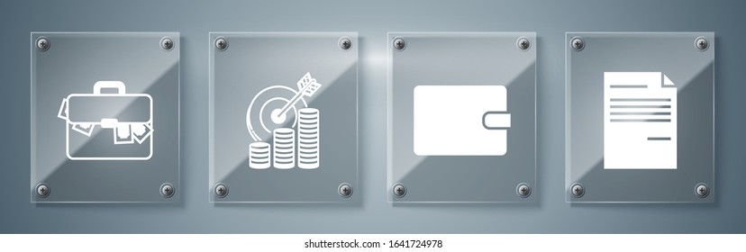 Set Document, Wallet, Target with coin symbol and Briefcase and money. Square glass panels. Vector