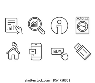 Set of Document, Washing machine and Buy button icons. Data analysis, Smartphone message and Usb flash signs. File with diagram, Laundry service, Online shopping. Vector