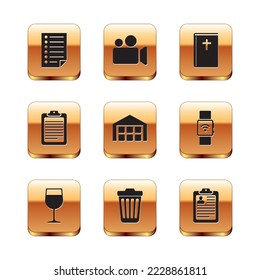 Set Document, Wine glass, Trash can, Warehouse, Clipboard with document and Holy bible book icon. Vector