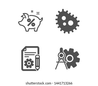 Set of Documentation, Bacteria and Loan percent icons. Cogwheel dividers sign. Project, Antibacterial, Piggy bank. Settings.  Classic design documentation icon. Flat design. Vector