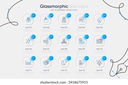 Set of Documents box, Veins and Organic tested line icons for web app. Motherboard, Inspect, Medical flight icons. Moon, Fair trade, Flammable fuel signs. Eco food, Chemical formula. Vector