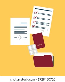 Set of documents in a folder: passport, application, application form, photo. Paperwork Concept