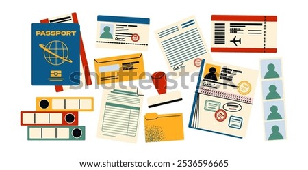 Set documents, folders, ID cards and papers with a seal and signature. Driver's license, international passport, plastic credit card, file folders, tickets.Confidential data,  stack of agreement. 