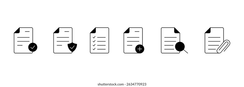 Conjunto de coleção de ícones Documentos. Documentos do contrato, pasta, certificado, aceitar, aprovado, símbolo da área de transferência.